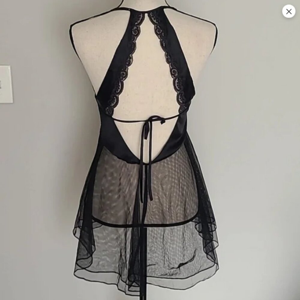 Victoria's Secret Black Lace & Silk Semi-sheer Mesh Babydoll Chemise Lingerie - Picture 2 of 16